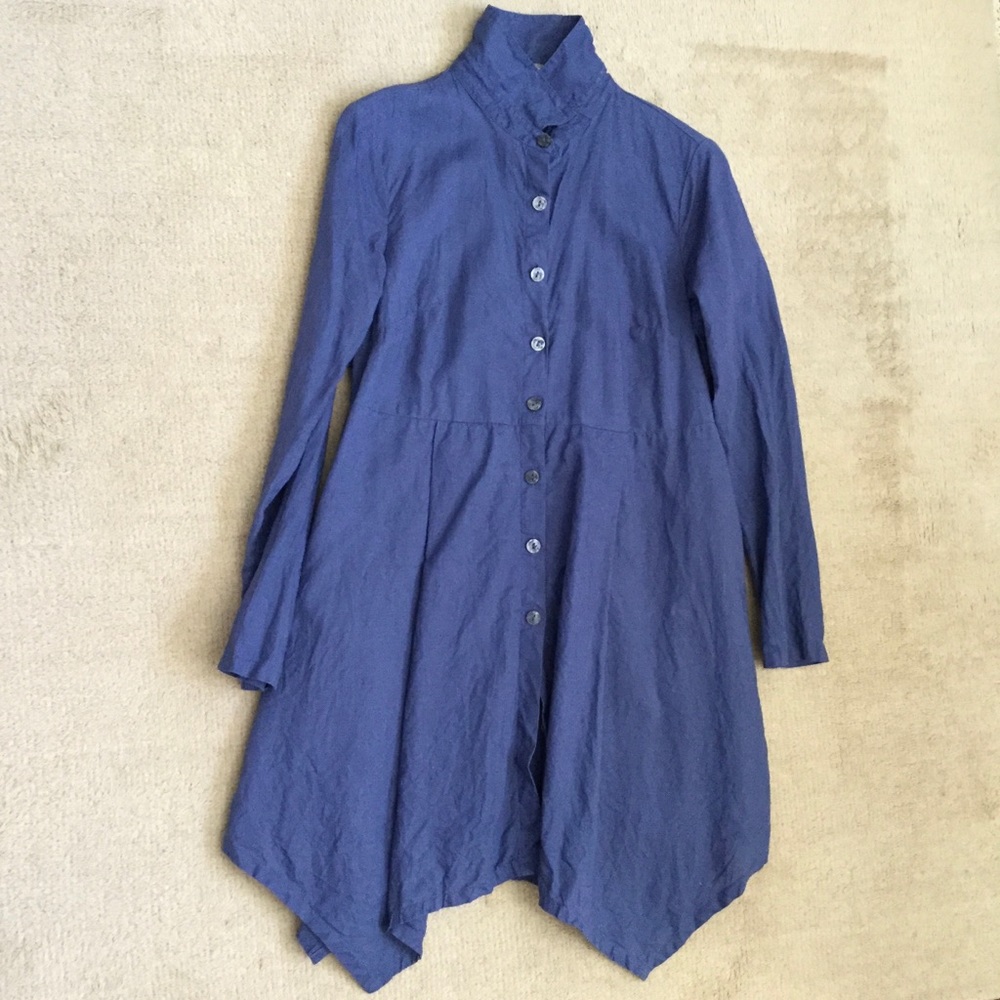 Pure linen tunic/mini blue button front w handkerchief hem